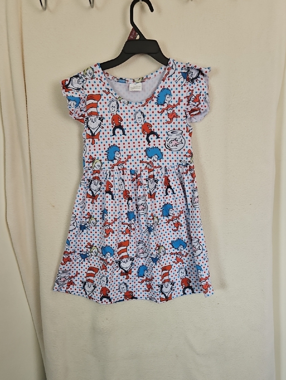 Girls' Dr. Seuss Print Short Sleeve Dress - White & Red Polka Dot